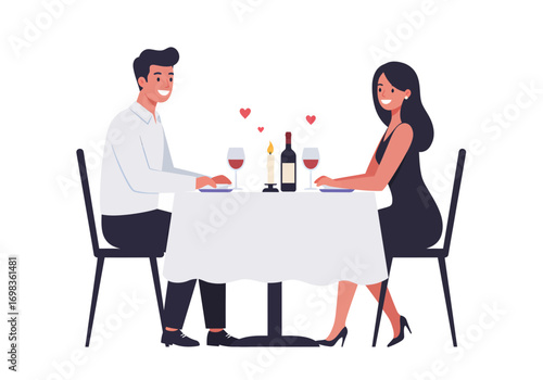 Joyful couple enjoys romantic candlelit dinner with wine, celebrating love and connection at a beautifully set table.