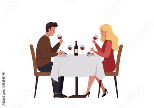 Couple enjoys romantic dinner date with wine and delicious food at elegant restaurant table