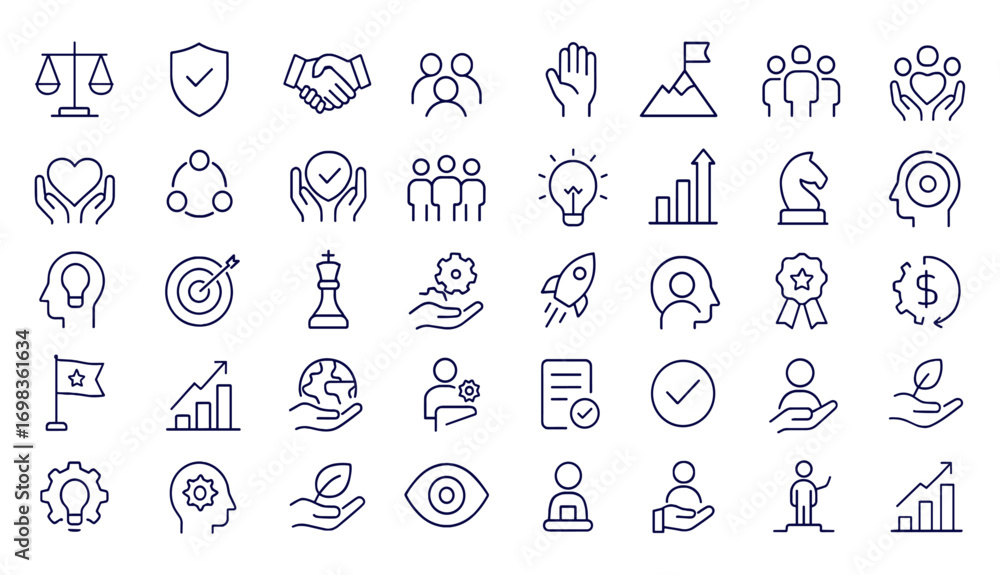 Fototapeta premium Core Value Icon Set, Editable Stroke Thin Line Vector Illustration of Business Ethics, Integrity, Trust, Leadership, Company Culture, Teamwork, Strategy, Innovation, Success, Growth, Responsibility