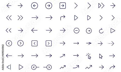 Navigation icon set, previous and next arrows, UI buttons for web design, page direction, forward and back slide controls, seamless interface elements, digital cursor pointer, modern vector
