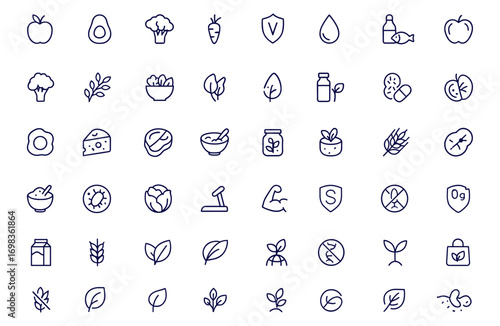 Healthy Nutrition Icon Set, Linear Web Icons for Food, Diet, Vegetables, Vitamins, Water, Protein, Probiotics, Fiber, Organic, Vegan, Allergy, Zero Trans Fat, Palm Oil Free, Editable Stroke Vector