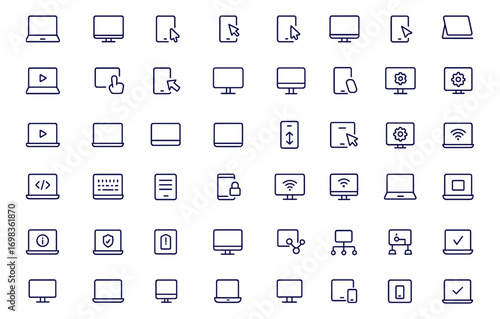 Laptop, notebook, and computer monitor vector icon set, blank screen display isolated on white background, modern digital device icons for graphic design, technology illustration