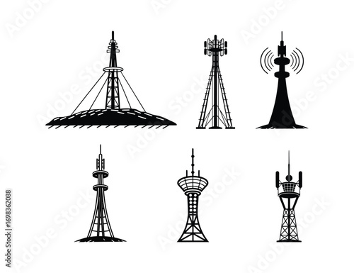 telecommunication tower vector, tower silhouettes, communication tower illustration design.