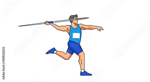Athletic Male Javelin Thrower in Action Running and Throwing.