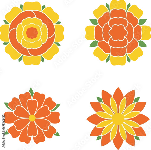 Four vibrant abstract floral designs featuring orange and yellow hues in geometric patterns vector