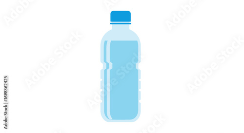 Simple flat design illustration of a plastic water bottle with a blue cap, filled with light blue water.