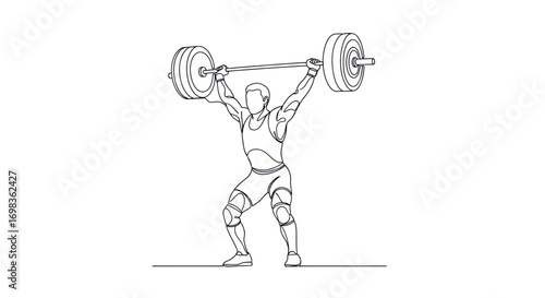Line Art Illustration of Weightlifter Lifting Heavy Barbell Overhead.