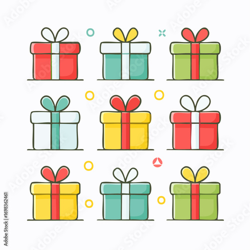 Colorful collection of flat design gift box icons. A set of vector presents with ribbons tied in bows for birthdays, holidays, and festive surprises