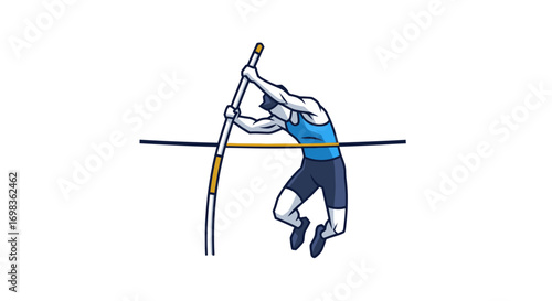 Dynamic illustration of a male athlete successfully clearing the bar in a pole vault competition.