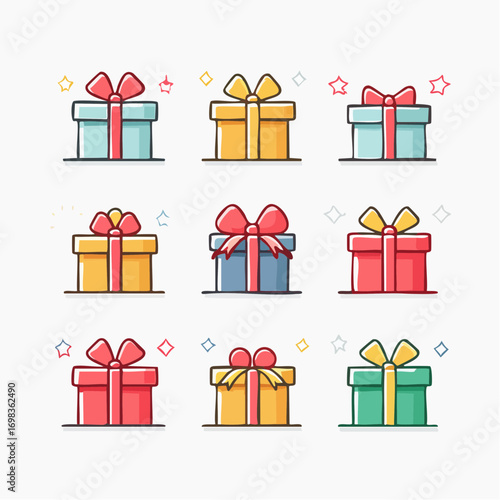 Colorful Cartoon Gift Box Set with Ribbons and Stars, Vector Illustration for Celebrations