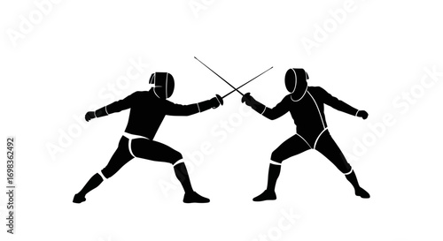 Silhouetted Fencers Engaging in Competitive Sword Fighting Duel.