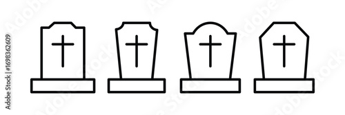 Tombstone Icon – Black Silhouette with Cross and RIP Inscription – Symbol of Death icon . Set of tombstones with different forms. Collection of gravestones. eps 10