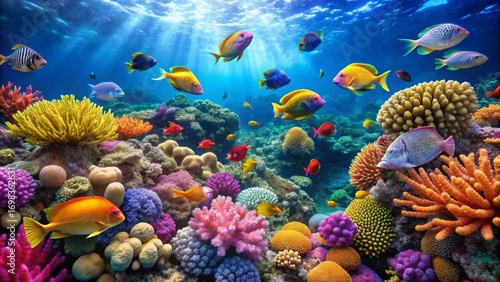 Vibrant Underwater Scene Showcasing a Diverse Array of Colorful Coral and Tropical Fish in a Thriving Reef Ecosystem