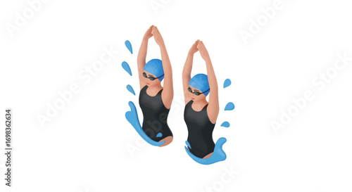 Two Synchronized Swimmers in Black Swimsuits with Water Splash.