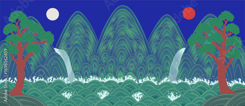Traditional Korean Irworobongdo Landscape Illustration