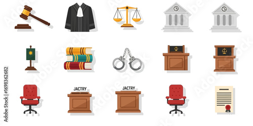 A comprehensive set of flat design icons for law, justice, and courtroom proceedings, featuring a gavel, scales, and courthouse.
