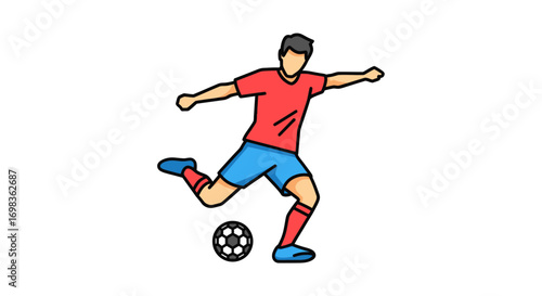 Colorful cartoon illustration of a male soccer player in a red jersey and blue shorts kicking a football.