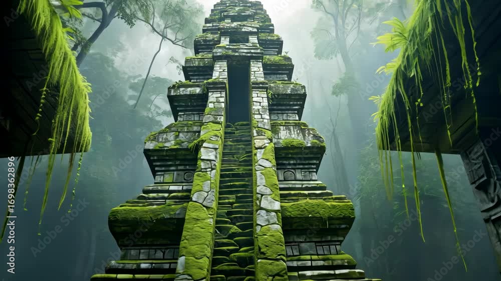 Ancient moss covered stone temple tower with steep staircase rising in ...