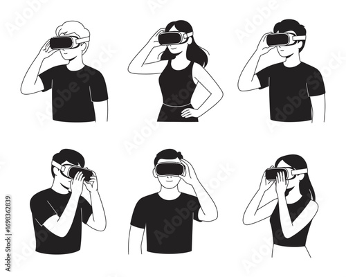 Set of monochrome vector illustrations of diverse young people wearing virtual reality headsets and exploring immersive digital worlds