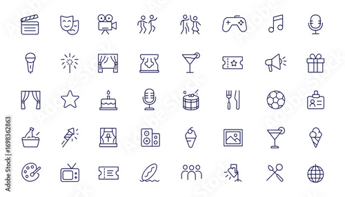 Entertainment lifestyle icon set, vector illustration in line style for mobile and web app with cinema, theater, video, dance, music, game, festival, party, concert, celebration, performance