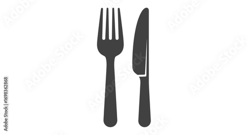Classic dining cutlery set icon featuring a dark grey fork and knife silhouette.