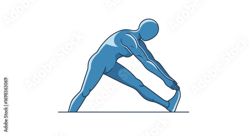 Stylized blue human figure performing a standing wide-legged hamstring stretch exercise.