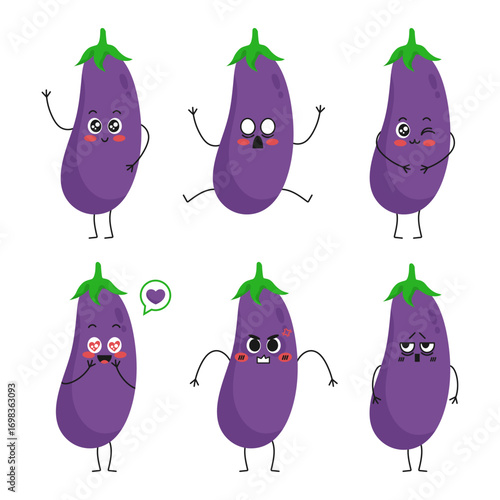 Cartoon eggplant character icon set. Eggplant mascot emoji set. Vector illustration