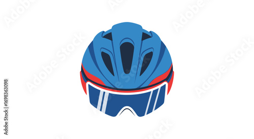 Blue Cycling Helmet with Red Accents and Protective Eyewear.