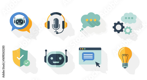 Flat design vector icon set for AI chatbot, customer service, tech support, and communication concepts.