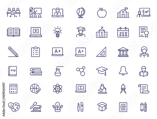 Education, school, learning linear icon set, vector illustration for classroom, students, teacher, online study, academic knowledge, university, college, diploma, curriculum, graduation