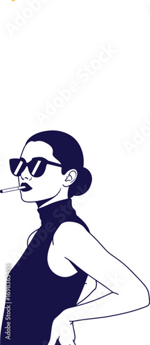 Elegant woman with sunglasses smoking nonchalantly and confidently posing with an artistic appeal
