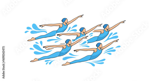 Synchronized Swimmers Performing Artistic Swimming Routine in Water.
