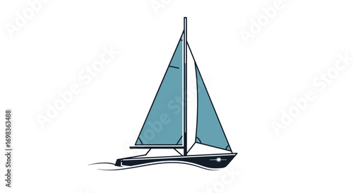 A sleek sailboat with blue sails glides across the water.