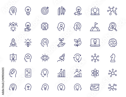 Creativity innovation icon set, line style vector illustration for web, mobile apps, business solution icons, brainstorming, invention, team management, startup, strategy, design, education, science