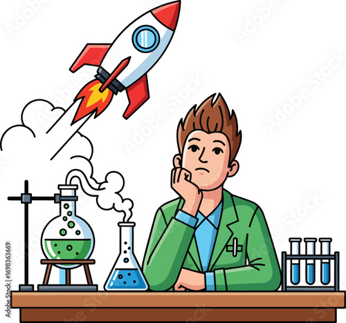 Dreaming of future space travel a student ponders science experiments with a rocket launch