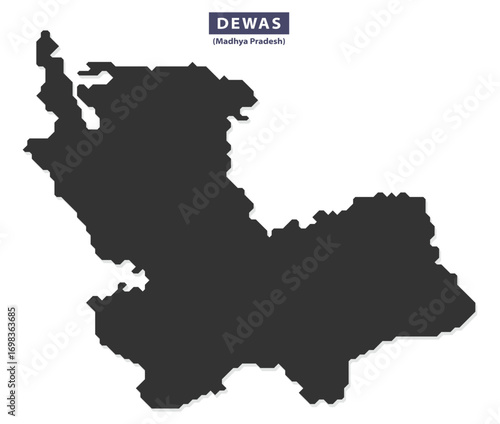 Dewas city map silhouette vector for educational posters, geographic infographics, and travel guides, solid black outline isolated on white background, editable layout