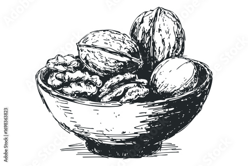 Hand-drawn sketch of whole and cracked walnuts in a ceramic bowl