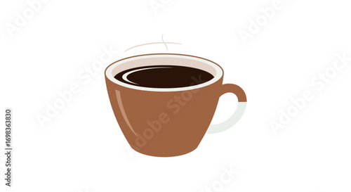 A simple brown ceramic mug with a white handle, filled with hot, steaming black coffee.
