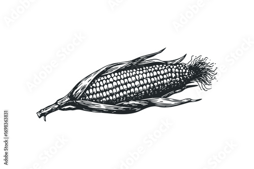 Corn on the cob with husks and silk in a line drawing