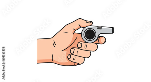 Hand Holding a Silver Metal Whistle with Black Mouthpiece.