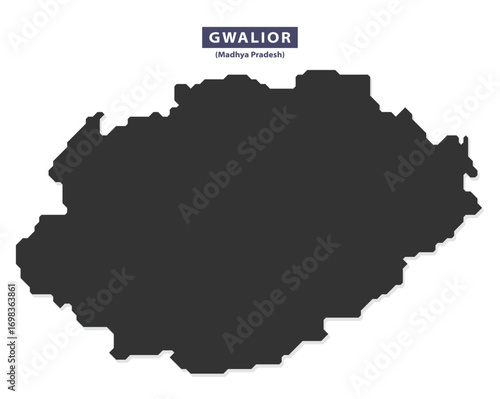 Gwalior city map silhouette vector for geographic presentations, travel content, and educational layouts, bold black shape outline on white background