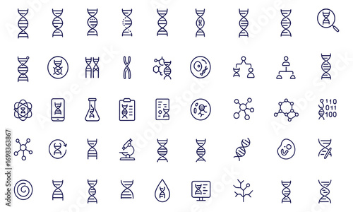 DNA molecule icon set, genetics chromosome helix vector illustration, biology genome science research symbols, genetic material lab, biotechnology chemistry, human cell structure, bioinformatics