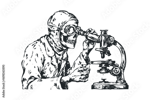 Skeleton in lab coat looking through microscope