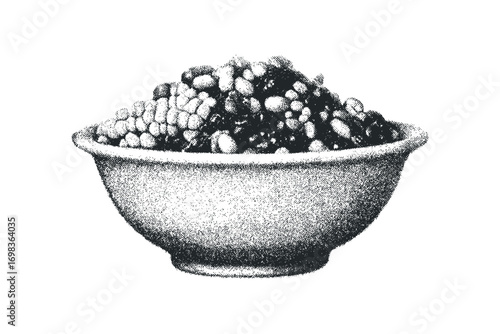 Stippled bowl overflowing with assorted beans, graphic element