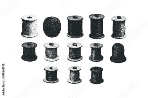 Collection of vintage spools of thread on a transparent background
