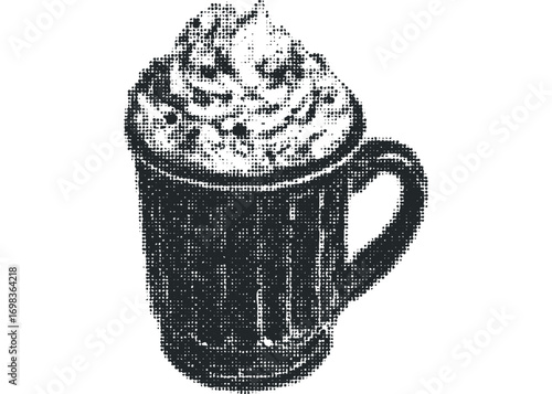 Halftone style drawing of a hot chocolate in a mug with whipped cream