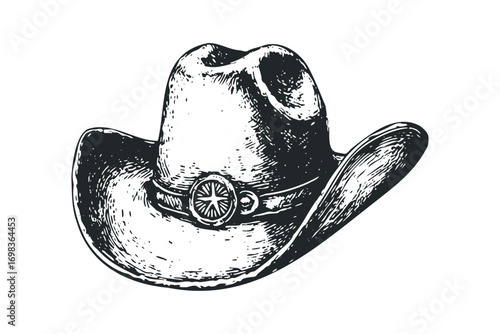 Black and white ink drawing of a cowboy hat with ornate band