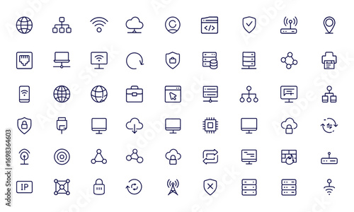 Network web icon set, linear outline, editable stroke, wireless communication, internet, IT, router, signal, cloud, server, data, digital, computer, telecom, security, vector illustration