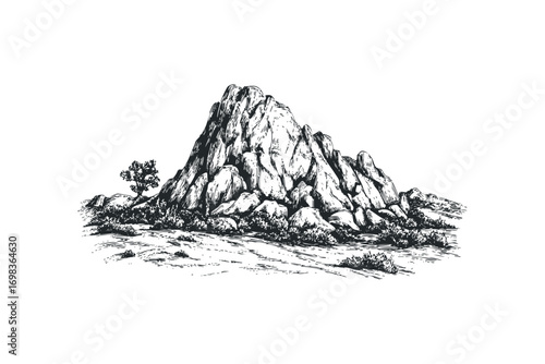 Sketch of rugged rock formation with sparse vegetation