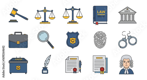 Colorful collection of law and justice system icons in a hand-drawn doodle style.